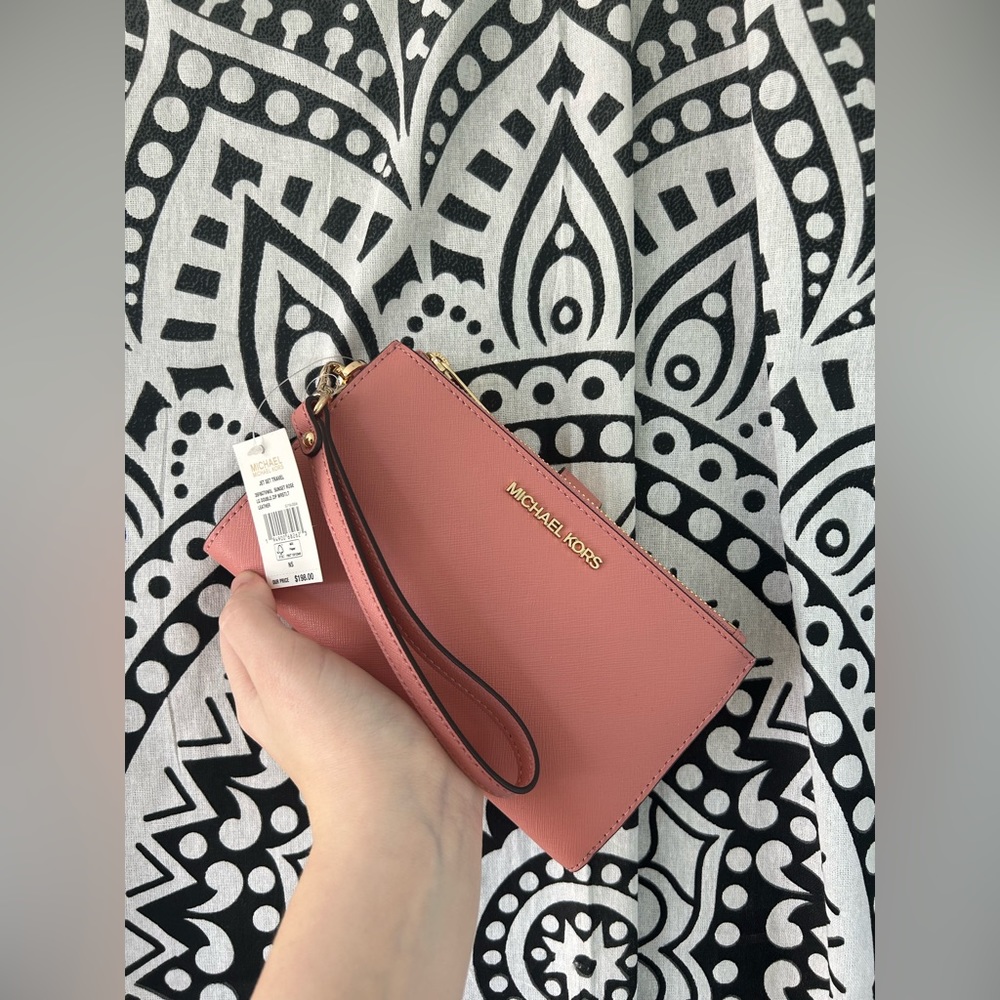 Michael Kors Sunset Rose Large Double zip Wristlet Leather